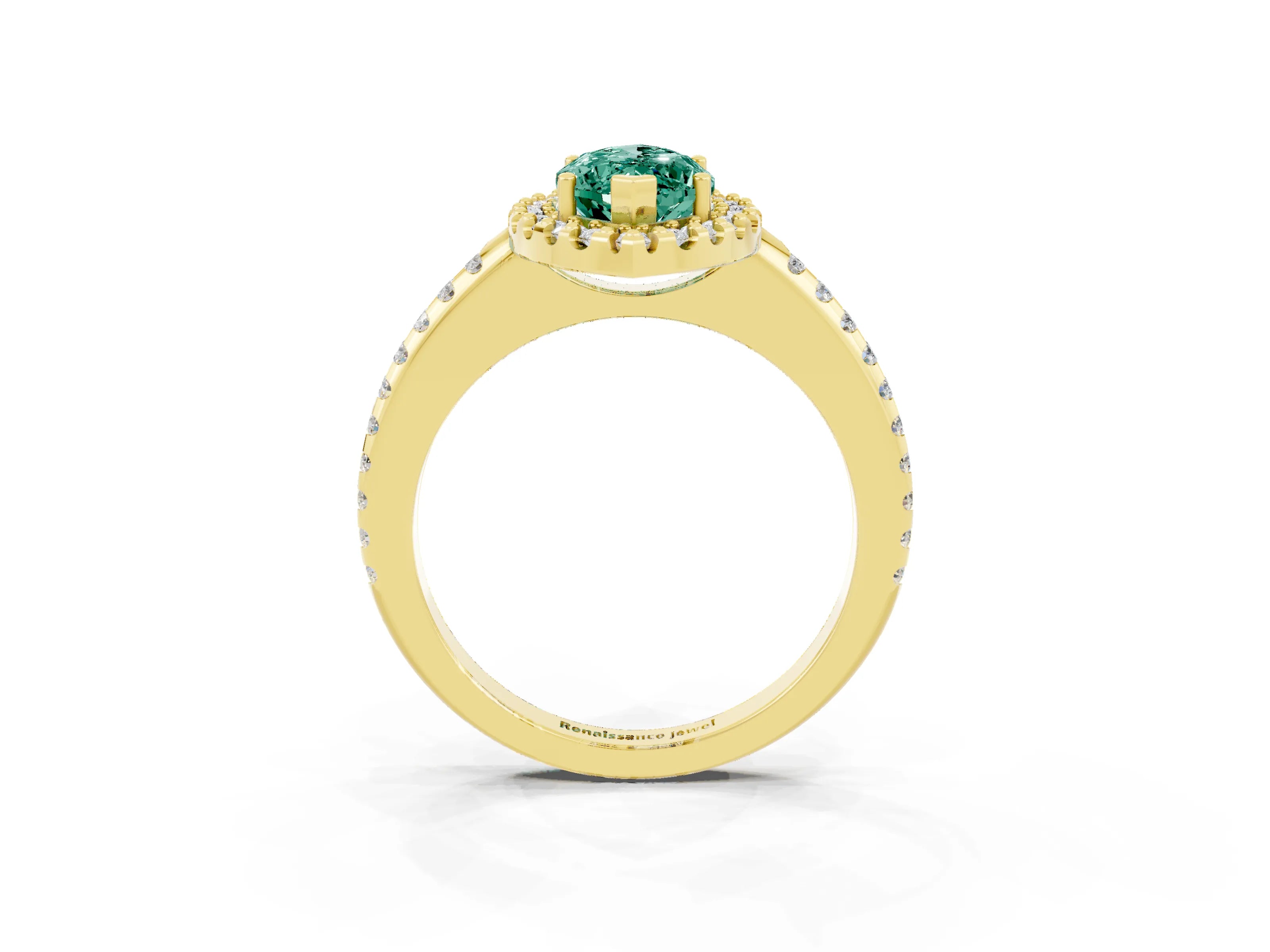 Yellow gold Marquise Cut Green Sapphire Pavé Halo Ring with Four-Prong Setting_15