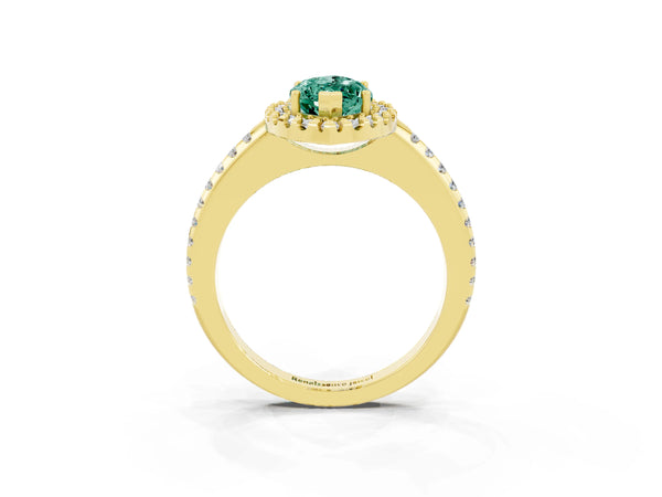 Yellow gold Marquise Cut Green Sapphire Pavé Halo Ring with Four-Prong Setting