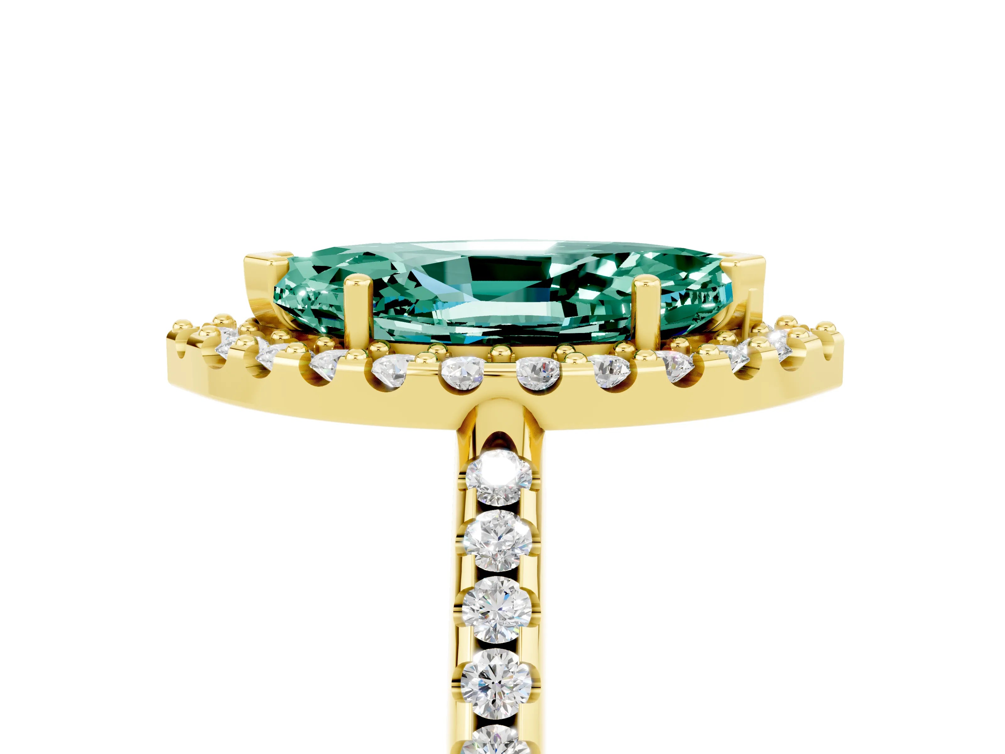 Yellow gold Marquise Cut Green Sapphire Pavé Halo Ring with Four-Prong Setting_17