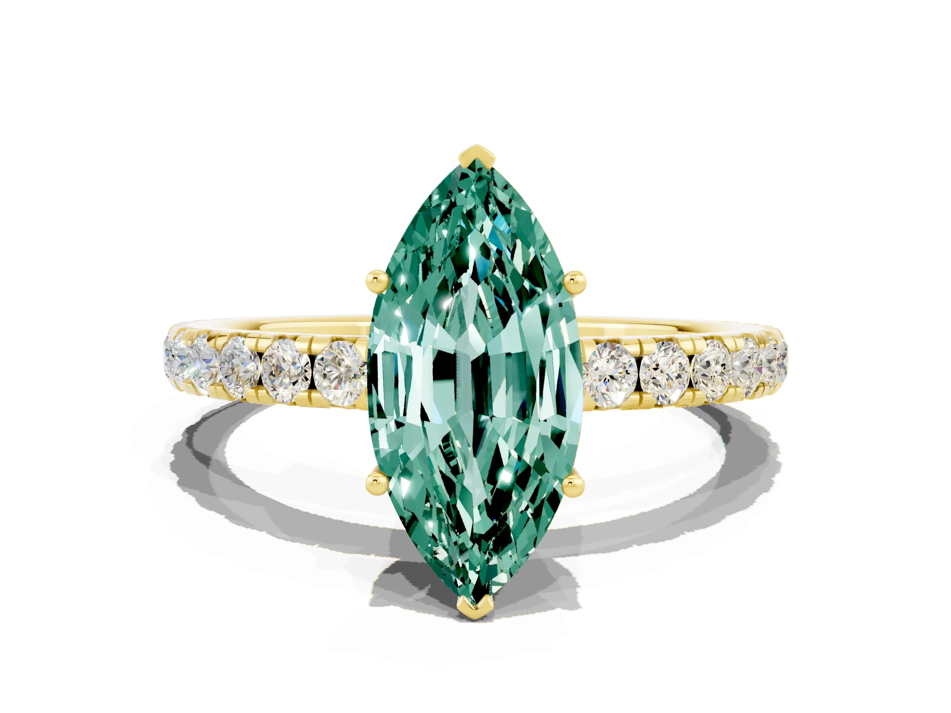 Yellow gold Marquise Cut Green Sapphire Pavé Solitaire Engagement Ring with Four-Prong Setting_12