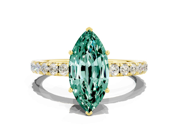 Yellow gold Marquise Cut Green Sapphire Pavé Solitaire Engagement Ring with Four-Prong Setting