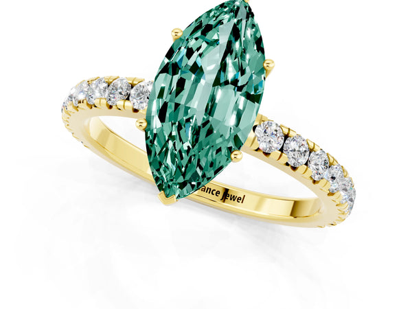 Yellow gold Marquise Cut Green Sapphire Pavé Solitaire Engagement Ring with Four-Prong Setting