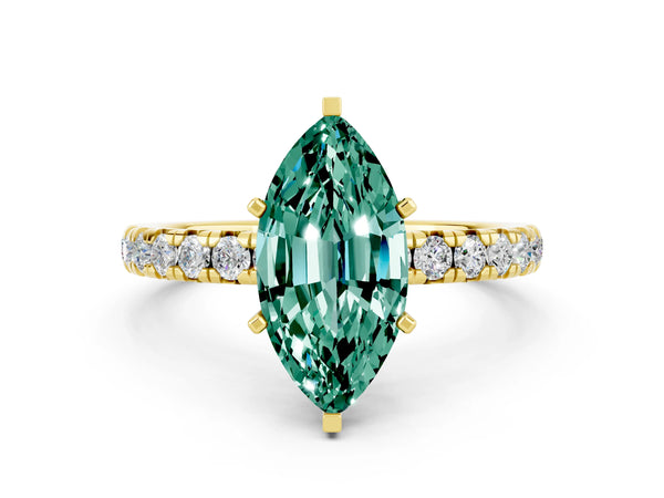Yellow gold Marquise Cut Green Sapphire Pavé Solitaire Ring with Round Band and Prong Setting