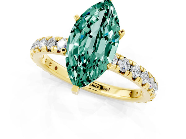Yellow gold Marquise Cut Green Sapphire Pavé Solitaire Ring with Round Band and Prong Setting