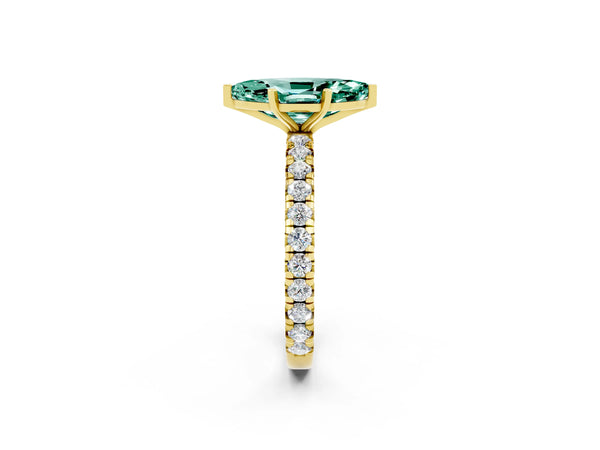 Yellow gold Marquise Cut Green Sapphire Pavé Solitaire Ring with Round Band and Prong Setting