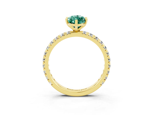Yellow gold Marquise Cut Green Sapphire Pavé Solitaire Ring with Round Band and Prong Setting