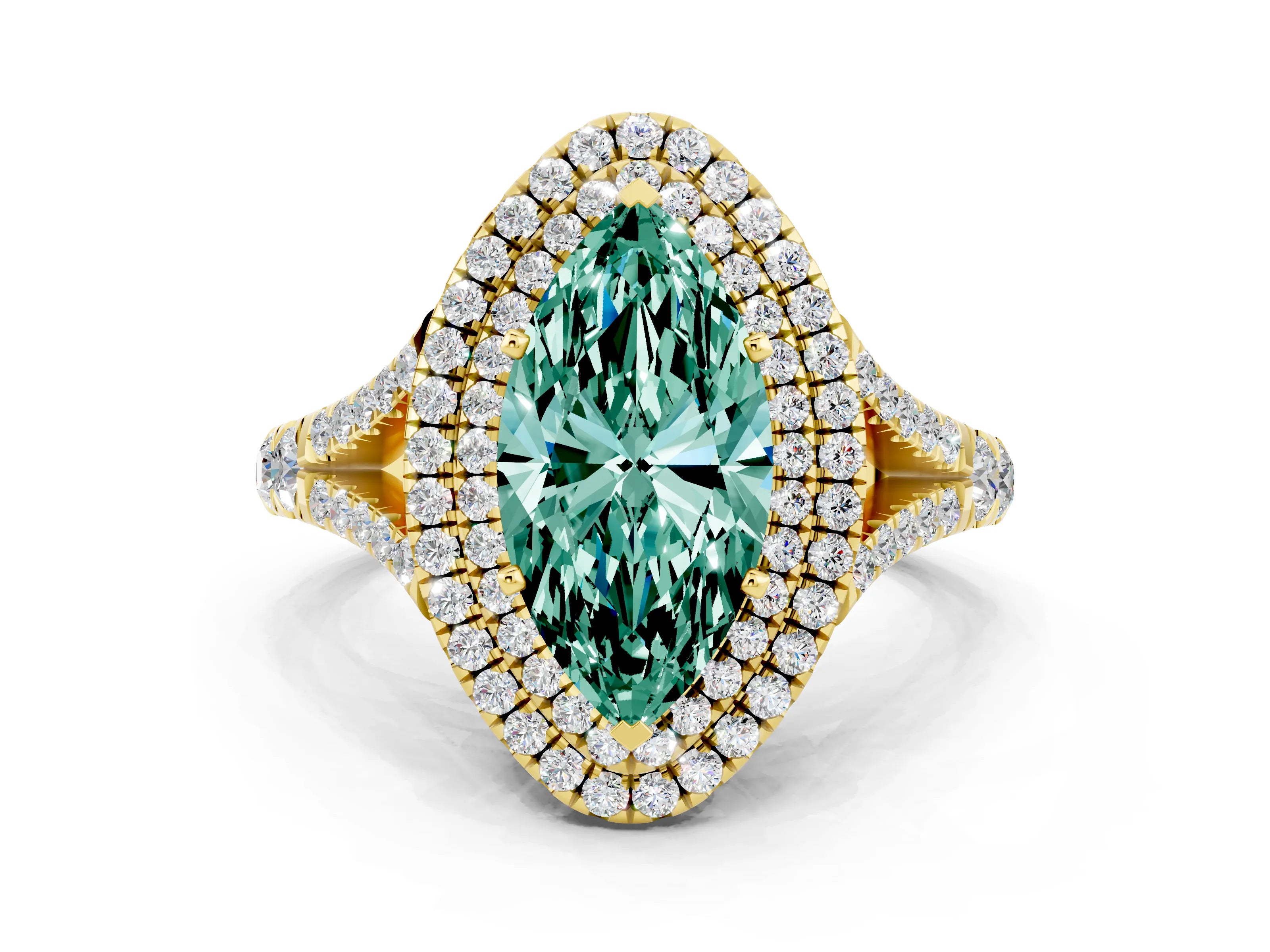 Yellow gold Marquise Cut Green Sapphire Pavé Split Shank Double Halo Engagement Ring