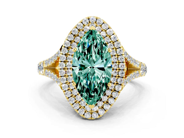 Yellow gold Marquise Cut Green Sapphire Pavé Split Shank Double Halo Engagement Ring