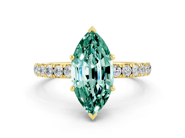 Yellow gold Marquise Cut Green Sapphire Pave Band Solitaire Ring with Round  and Prong Setting
