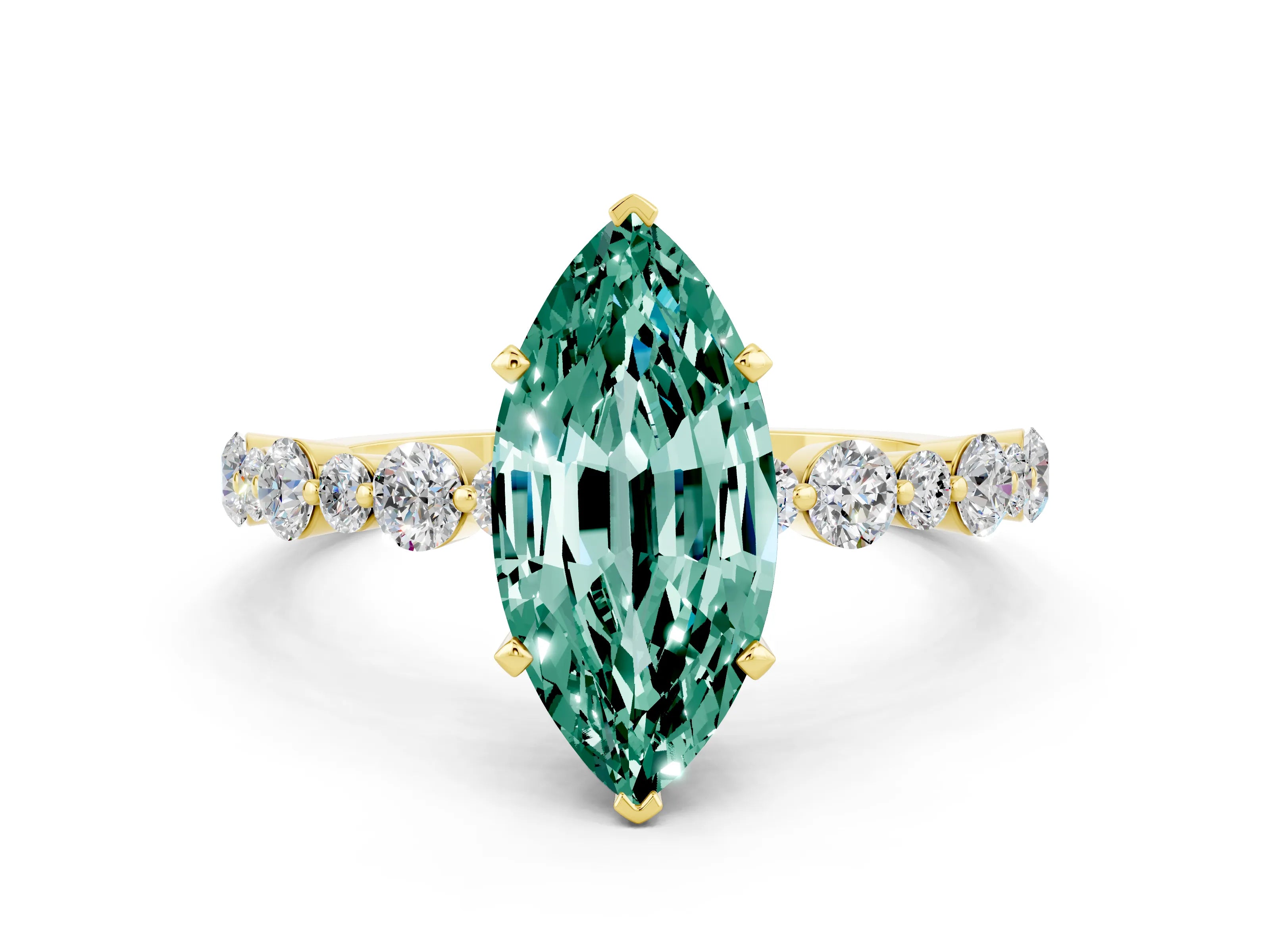 Yellow gold Marquise Cut Green Sapphire Prong Set Engagement Ring with Pavé Band