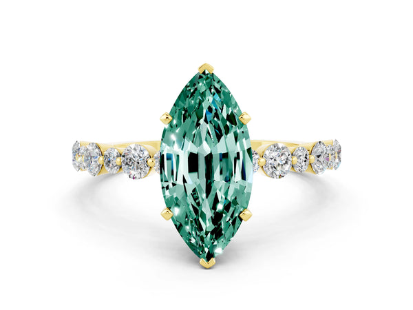 Yellow gold Marquise Cut Green Sapphire Prong Set Engagement Ring with Pavé Band