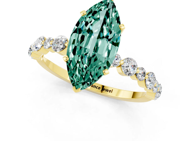 Yellow gold Marquise Cut Green Sapphire Prong Set Engagement Ring with Pavé Band