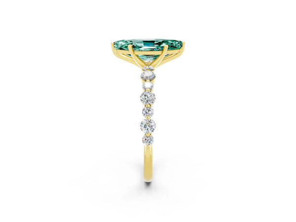 Yellow gold Marquise Cut Green Sapphire Prong Set Engagement Ring with Pavé Band