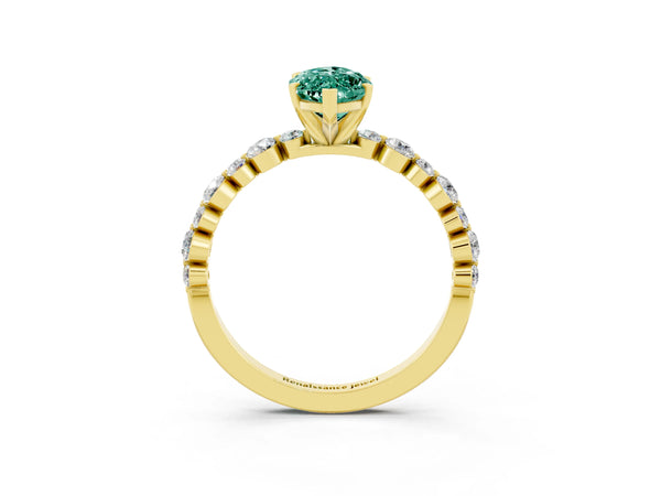 Yellow gold Marquise Cut Green Sapphire Prong Set Engagement Ring with Pavé Band
