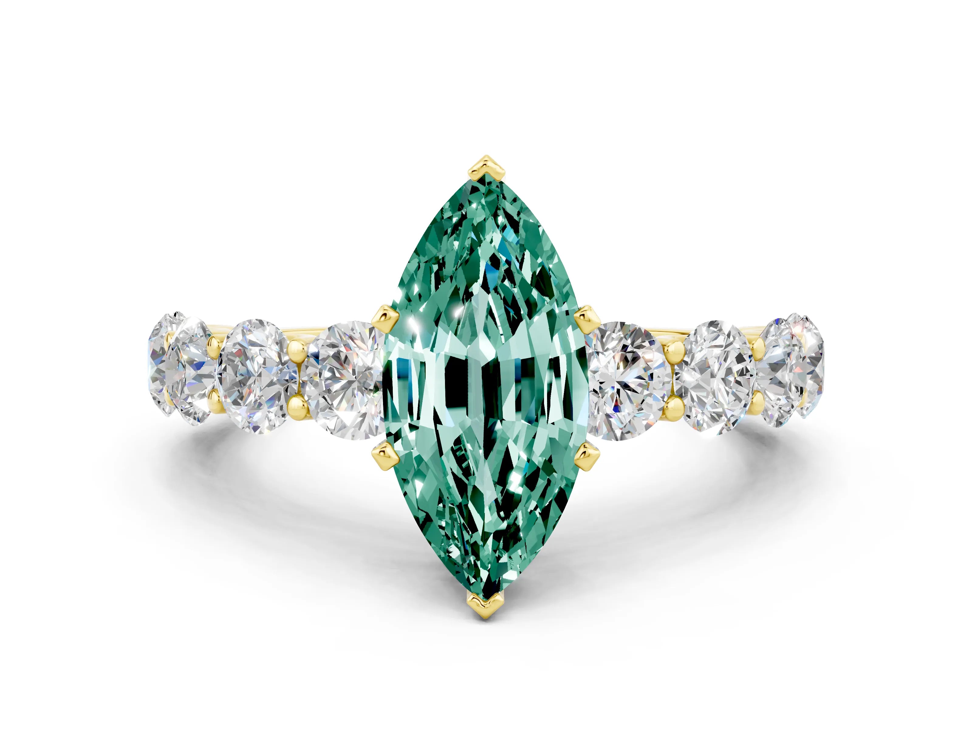 Yellow gold Marquise Cut Green Sapphire Prong Setting with Side Stones on a Pave Band