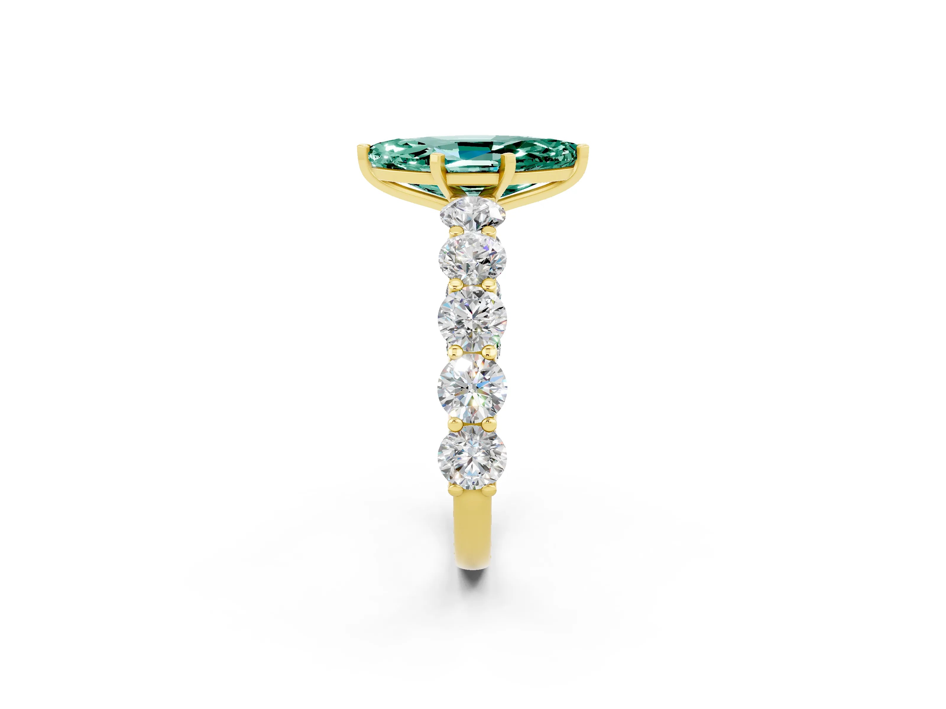 Yellow gold Marquise Cut Green Sapphire Prong Setting with Side Stones on a Pave Band_2