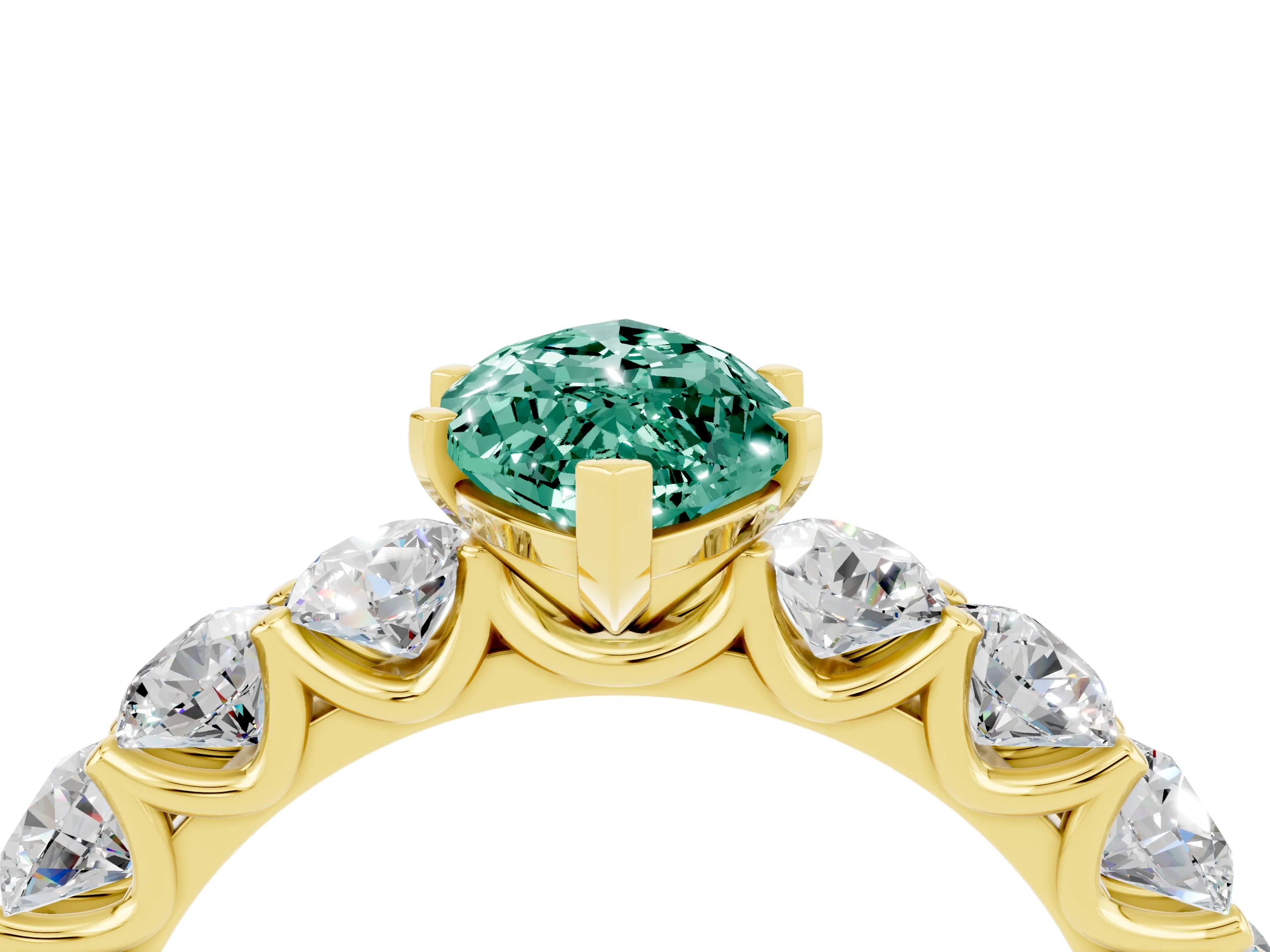 Yellow gold Marquise Cut Green Sapphire Prong Setting with Side Stones on a Pave Band_4