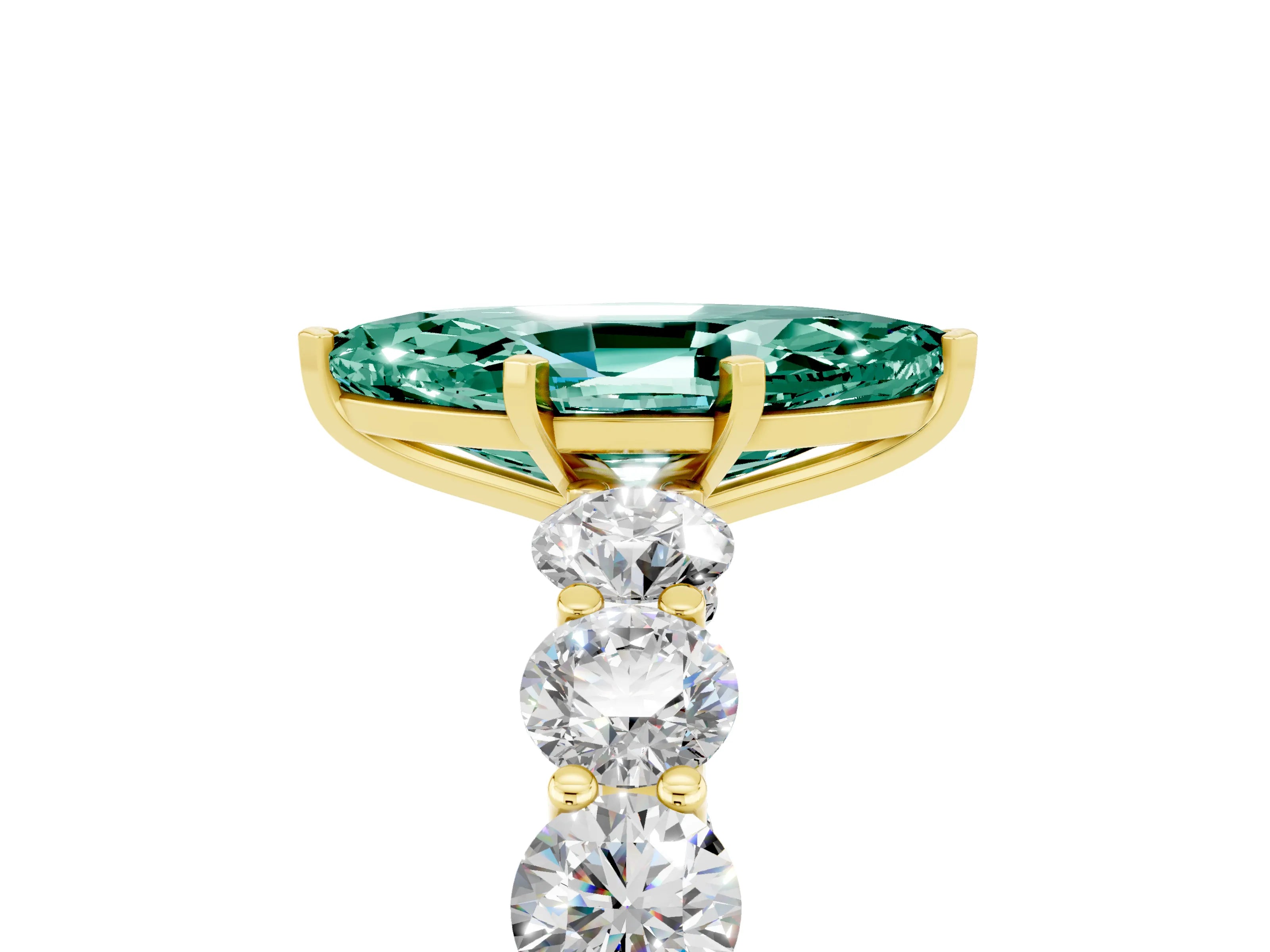 Yellow gold Marquise Cut Green Sapphire Prong Setting with Side Stones on a Pave Band_5