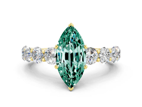 Yellow gold Marquise Cut Green Sapphire Prong Setting with Side Stones on a Pave Band