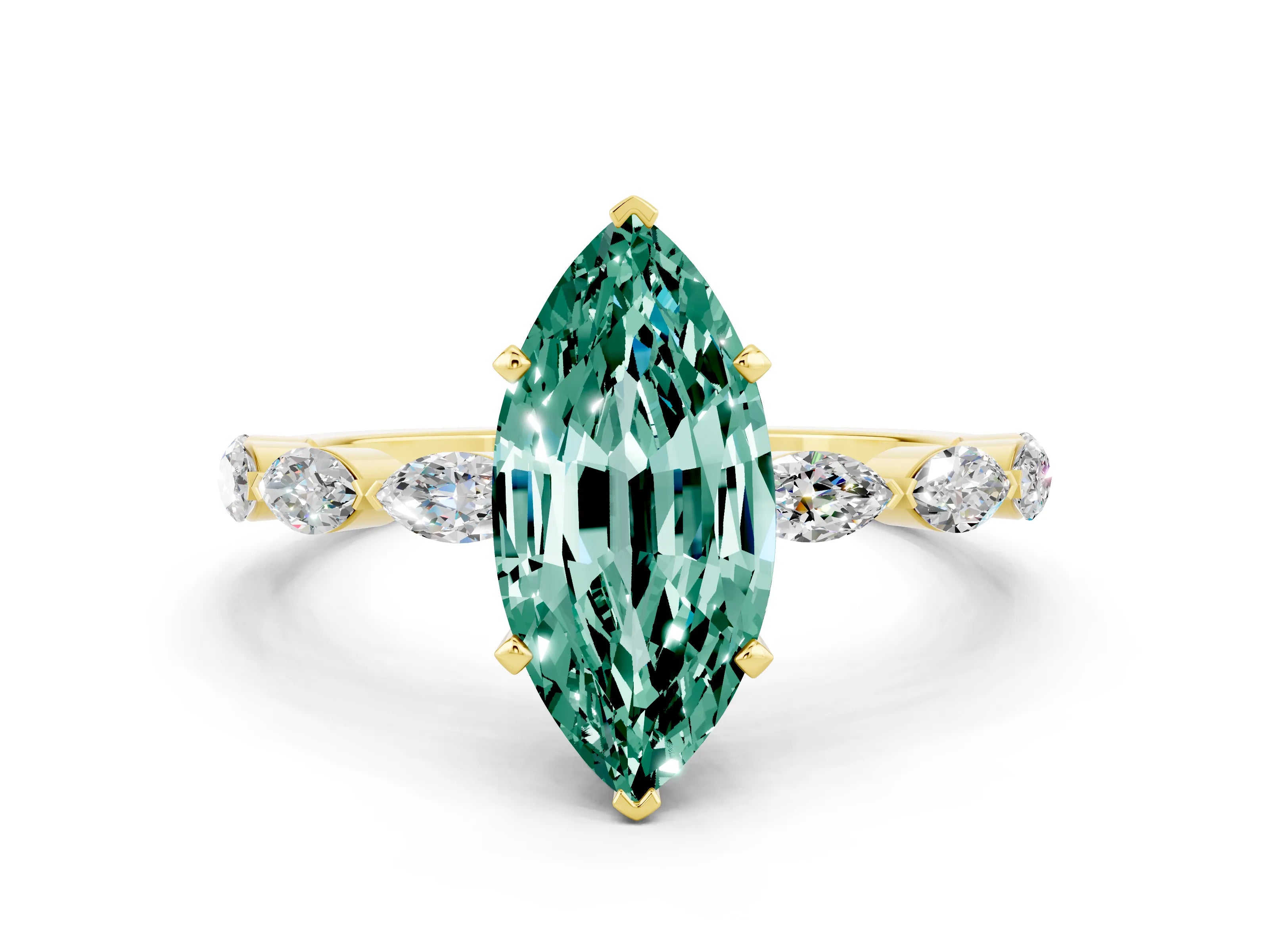 Yellow gold Marquise Cut Green Sapphire Ring with Marquise Side Stones and Prong Setting