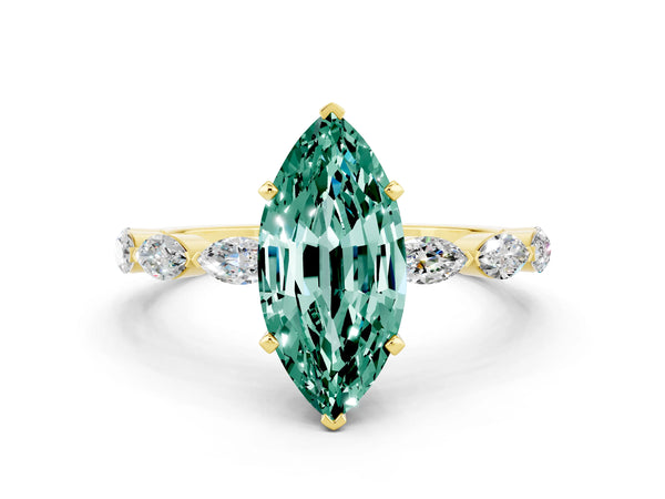 Yellow gold Marquise Cut Green Sapphire Ring with Marquise Side Stones and Prong Setting