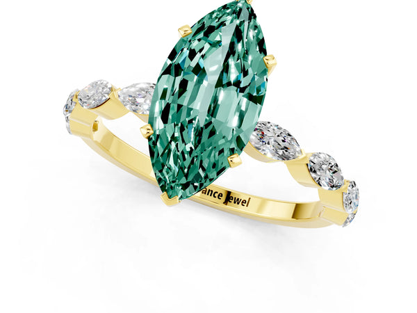 Yellow gold Marquise Cut Green Sapphire Ring with Marquise Side Stones and Prong Setting