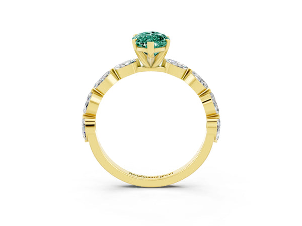 Yellow gold Marquise Cut Green Sapphire Ring with Marquise Side Stones and Prong Setting