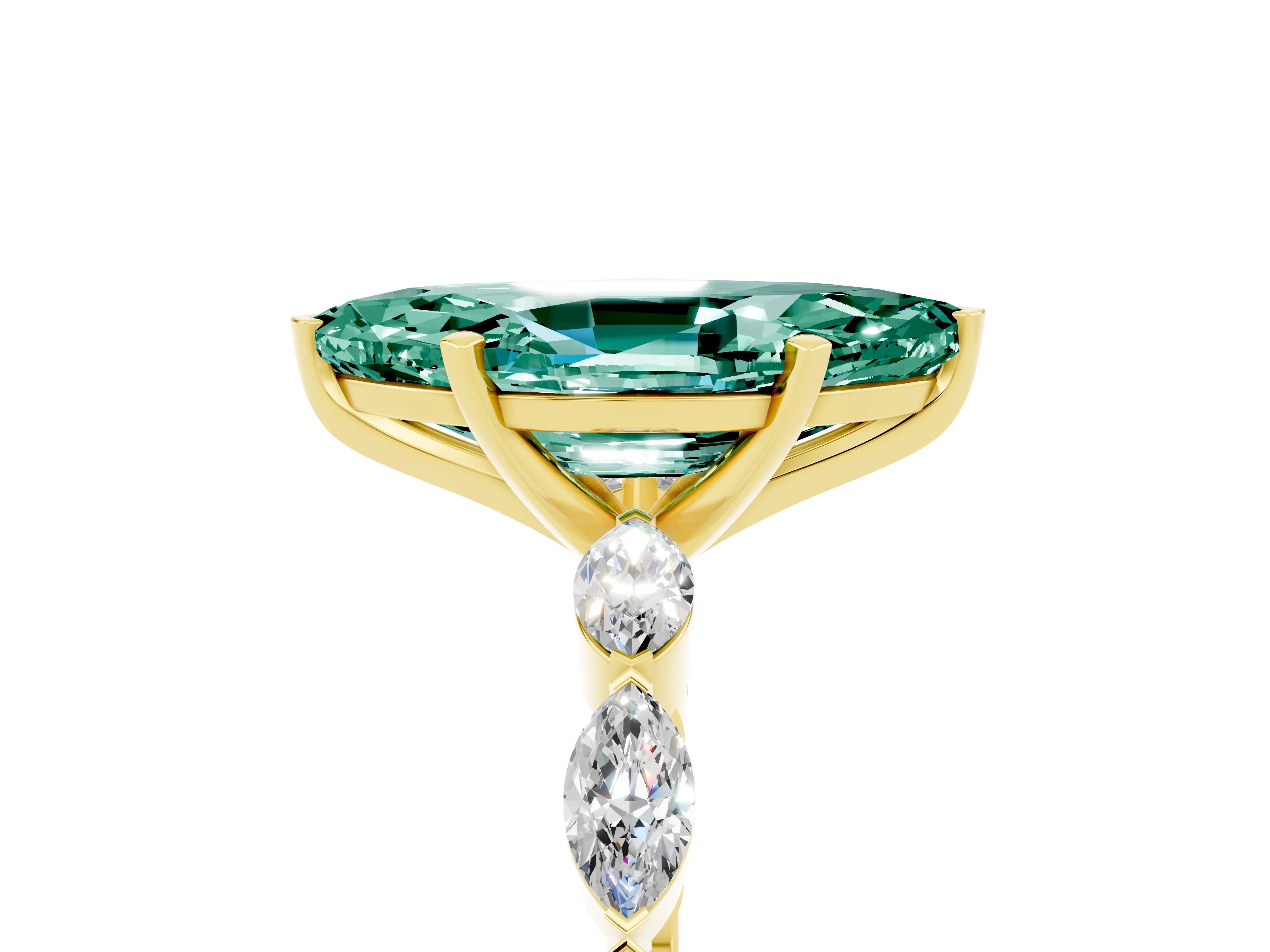 Yellow gold Marquise Cut Green Sapphire Ring with Marquise Side Stones and Prong Setting_5