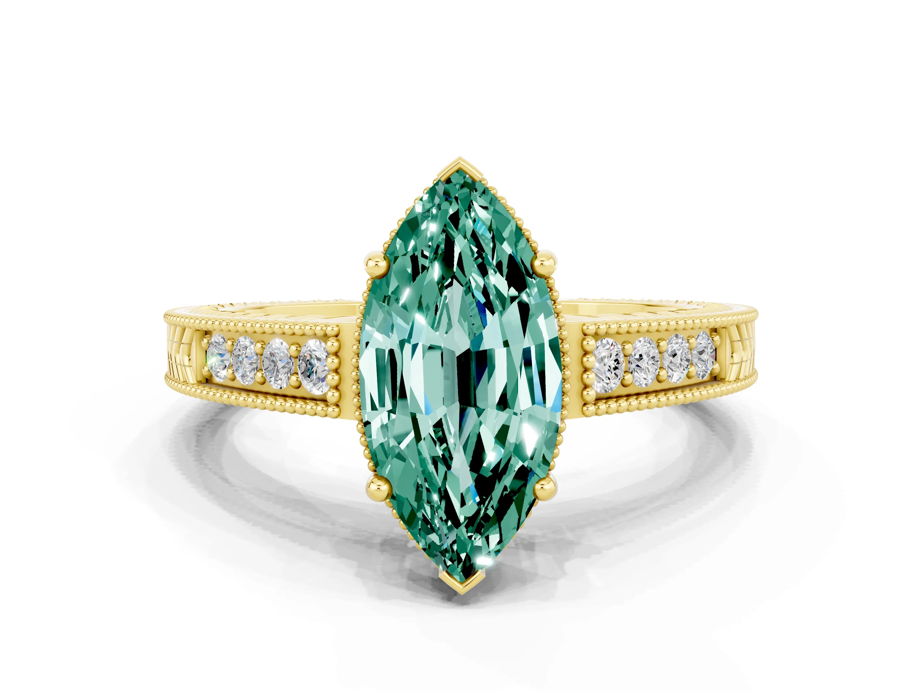 Yellow gold Marquise Cut Green Sapphire Ring with Milgrain Pavé Band and Four-Prong Setting_12
