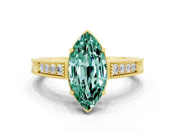 Yellow gold Marquise Cut Green Sapphire Ring with Milgrain Pavé Band and Four-Prong Setting