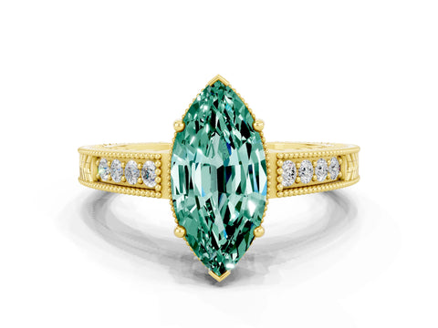 Yellow gold Marquise Cut Green Sapphire Ring with Milgrain Pavé Band and Four-Prong Setting_12