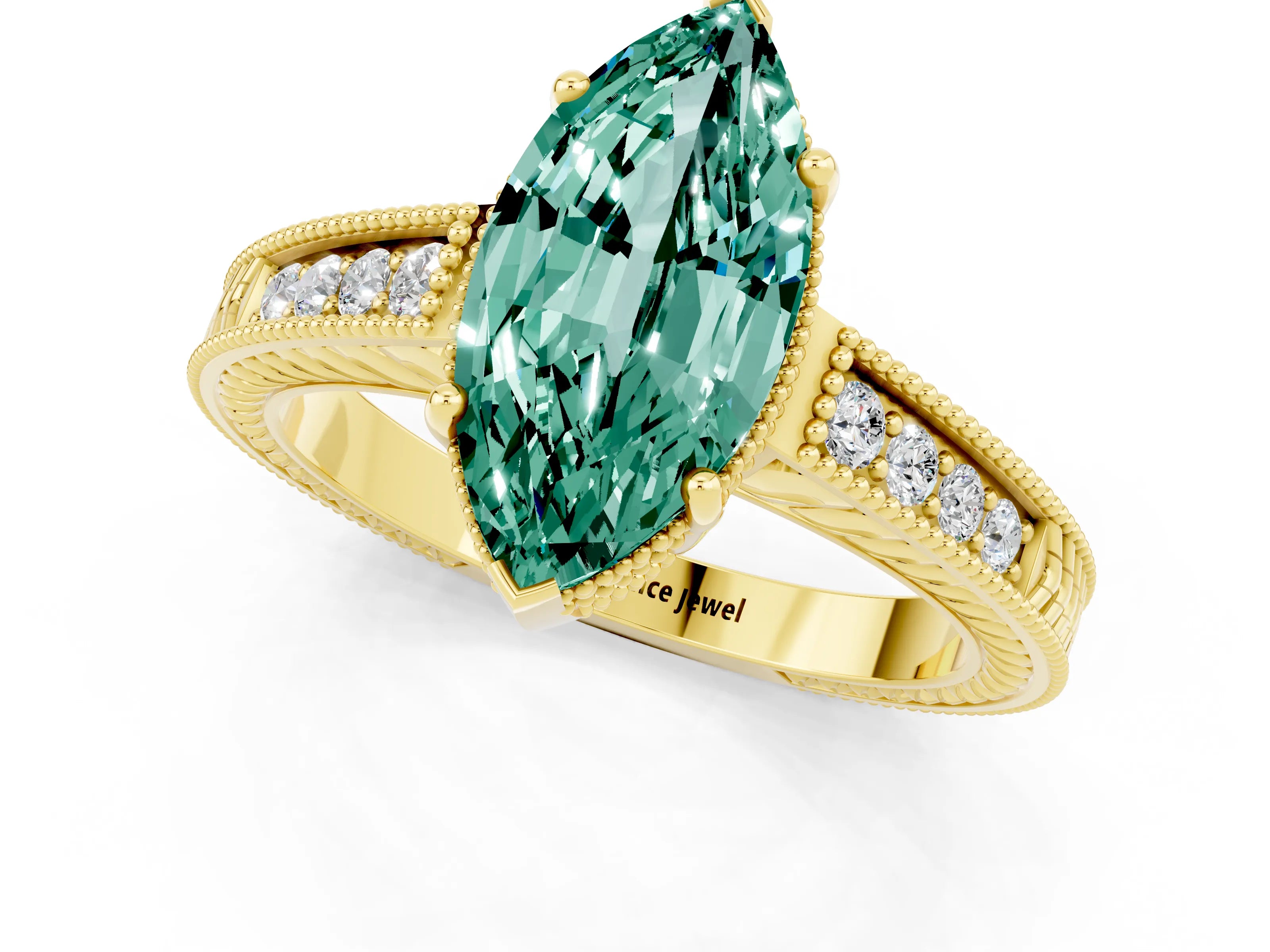 Yellow gold Marquise Cut Green Sapphire Ring with Milgrain Pavé Band and Four-Prong Setting_13