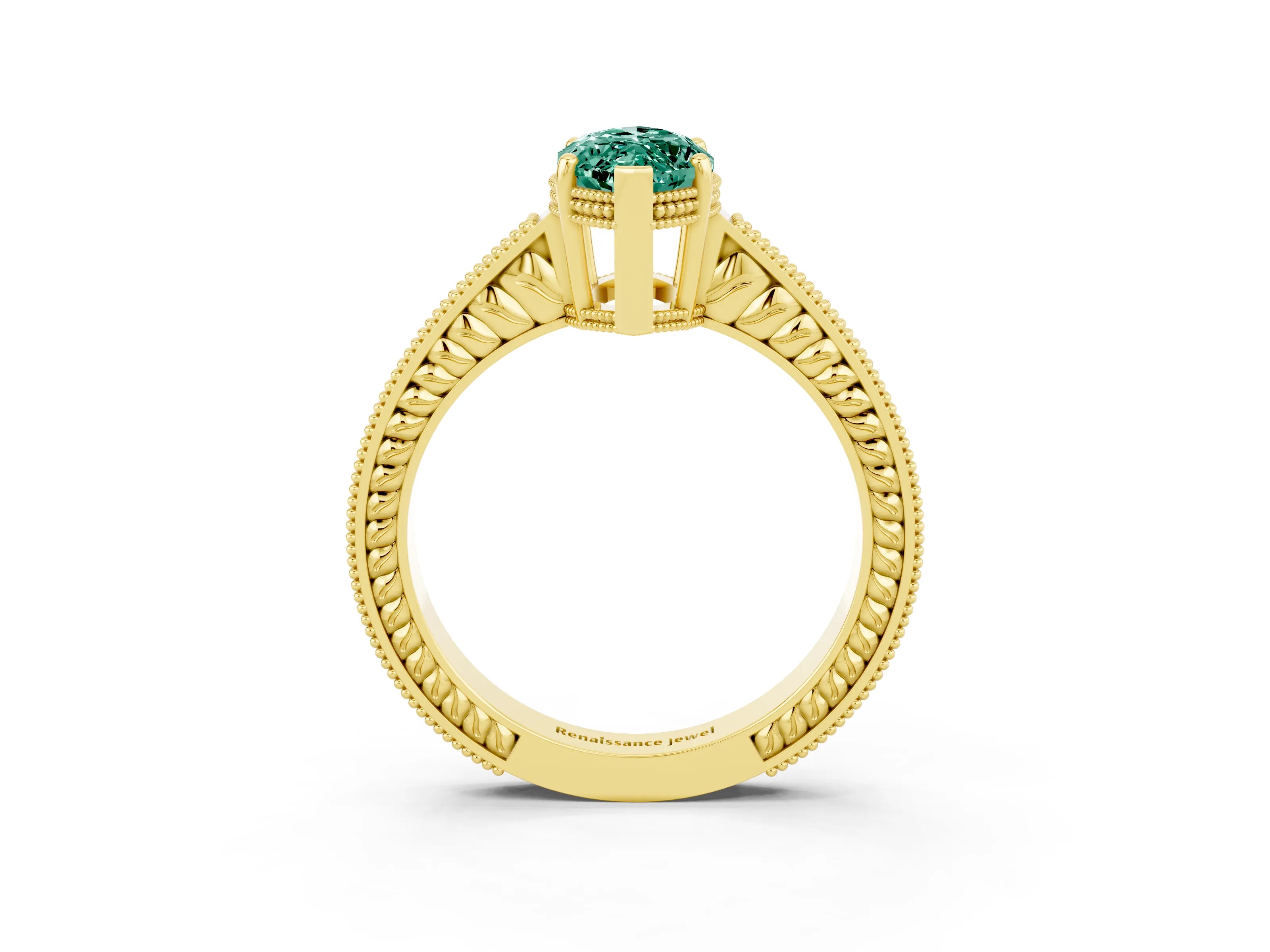 Yellow gold Marquise Cut Green Sapphire Ring with Milgrain Pavé Band and Four-Prong Setting_15