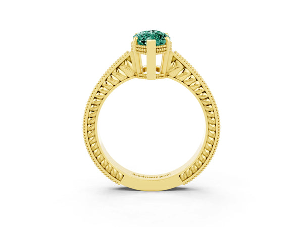 Yellow gold Marquise Cut Green Sapphire Ring with Milgrain Pavé Band and Four-Prong Setting