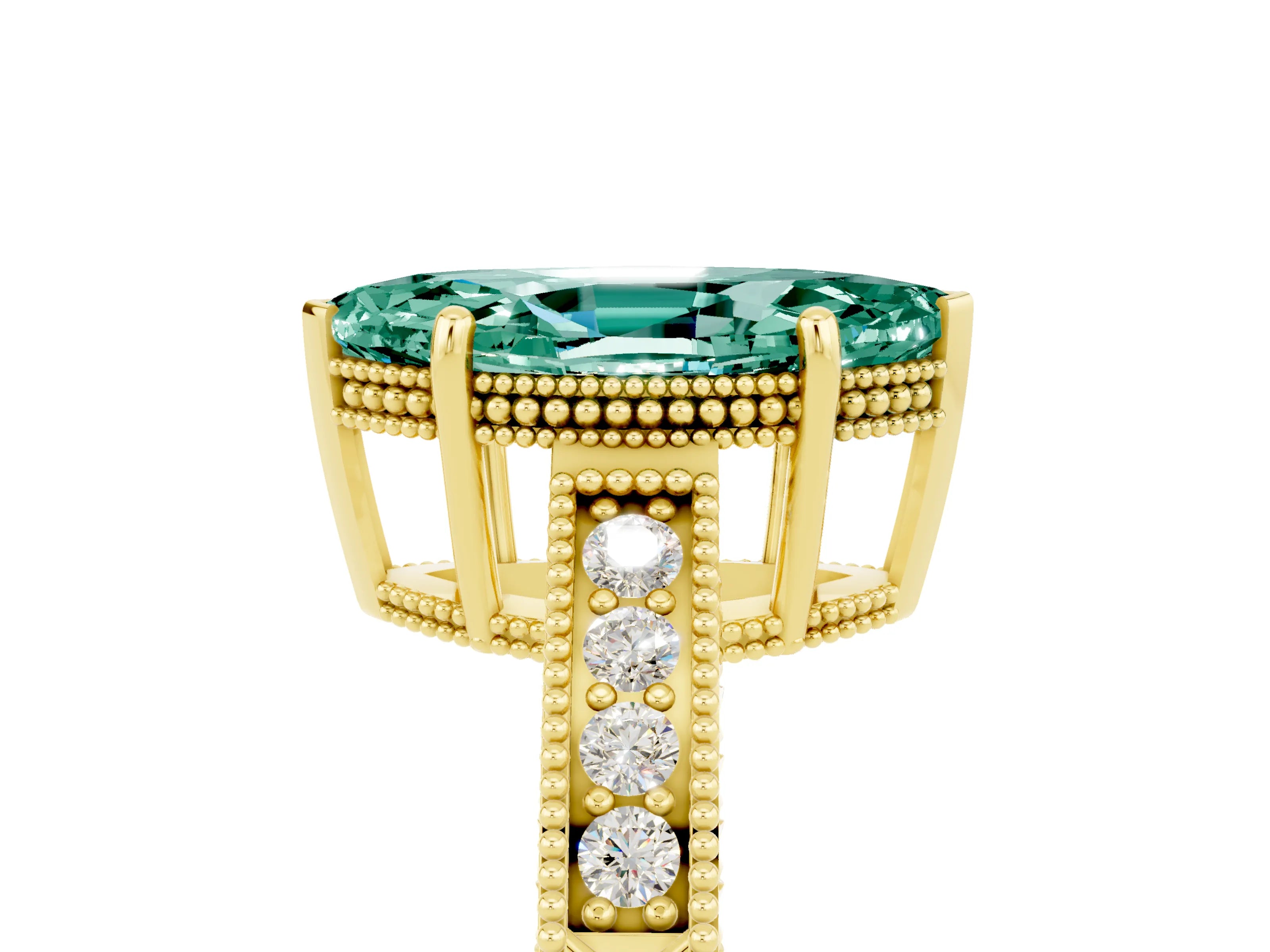Yellow gold Marquise Cut Green Sapphire Ring with Milgrain Pavé Band and Four-Prong Setting_17