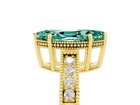 Yellow gold Marquise Cut Green Sapphire Ring with Milgrain Pavé Band and Four-Prong Setting_17