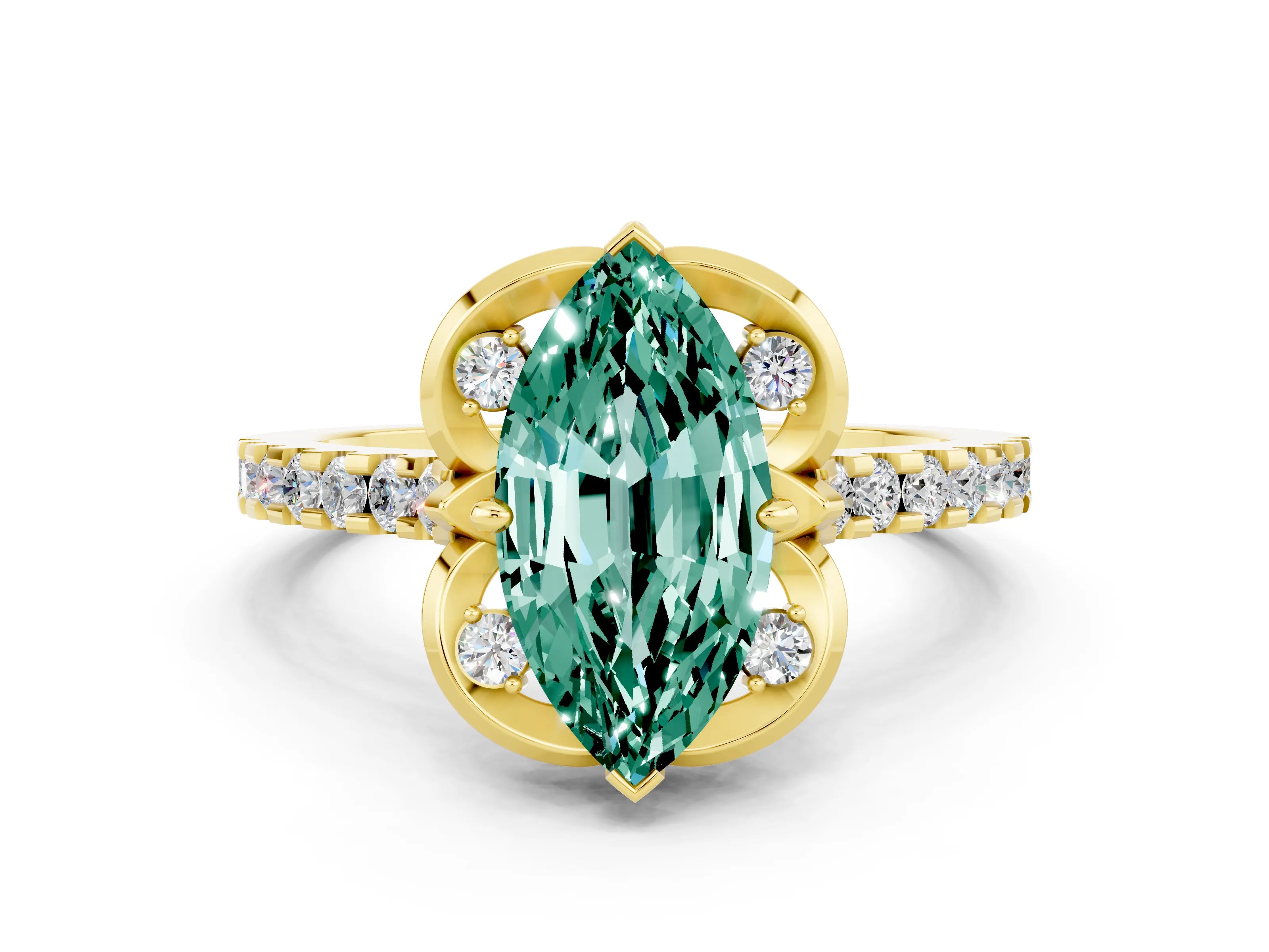 Yellow gold Marquise Cut Green Sapphire Ring with Pavé Band and Floral Prong Setting