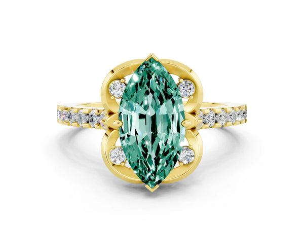 Yellow gold Marquise Cut Green Sapphire Ring with Pavé Band and Floral Prong Setting