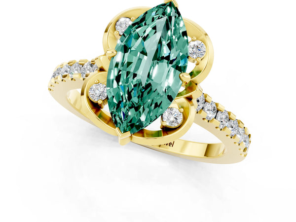 Yellow gold Marquise Cut Green Sapphire Ring with Pavé Band and Floral Prong Setting