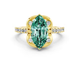 14K Yellow Gold 3.68 Carat E VS Round Green Sapphire Ring with Pavé Band and Floral Prong Setting