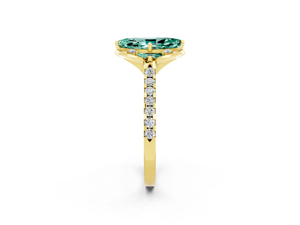 Yellow gold Marquise Cut Green Sapphire Ring with Pavé Band and Floral Prong Setting