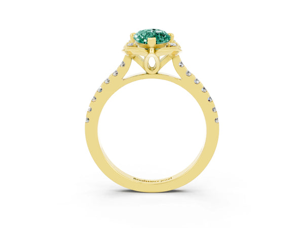 Yellow gold Marquise Cut Green Sapphire Ring with Pavé Band and Floral Prong Setting
