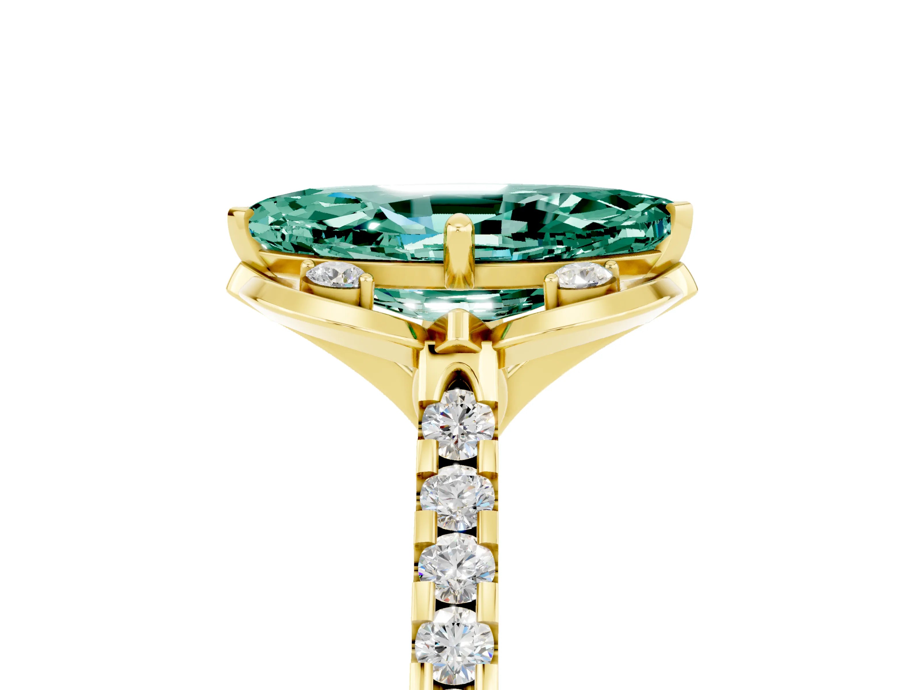 Yellow gold Marquise Cut Green Sapphire Ring with Pavé Band and Floral Prong Setting_5