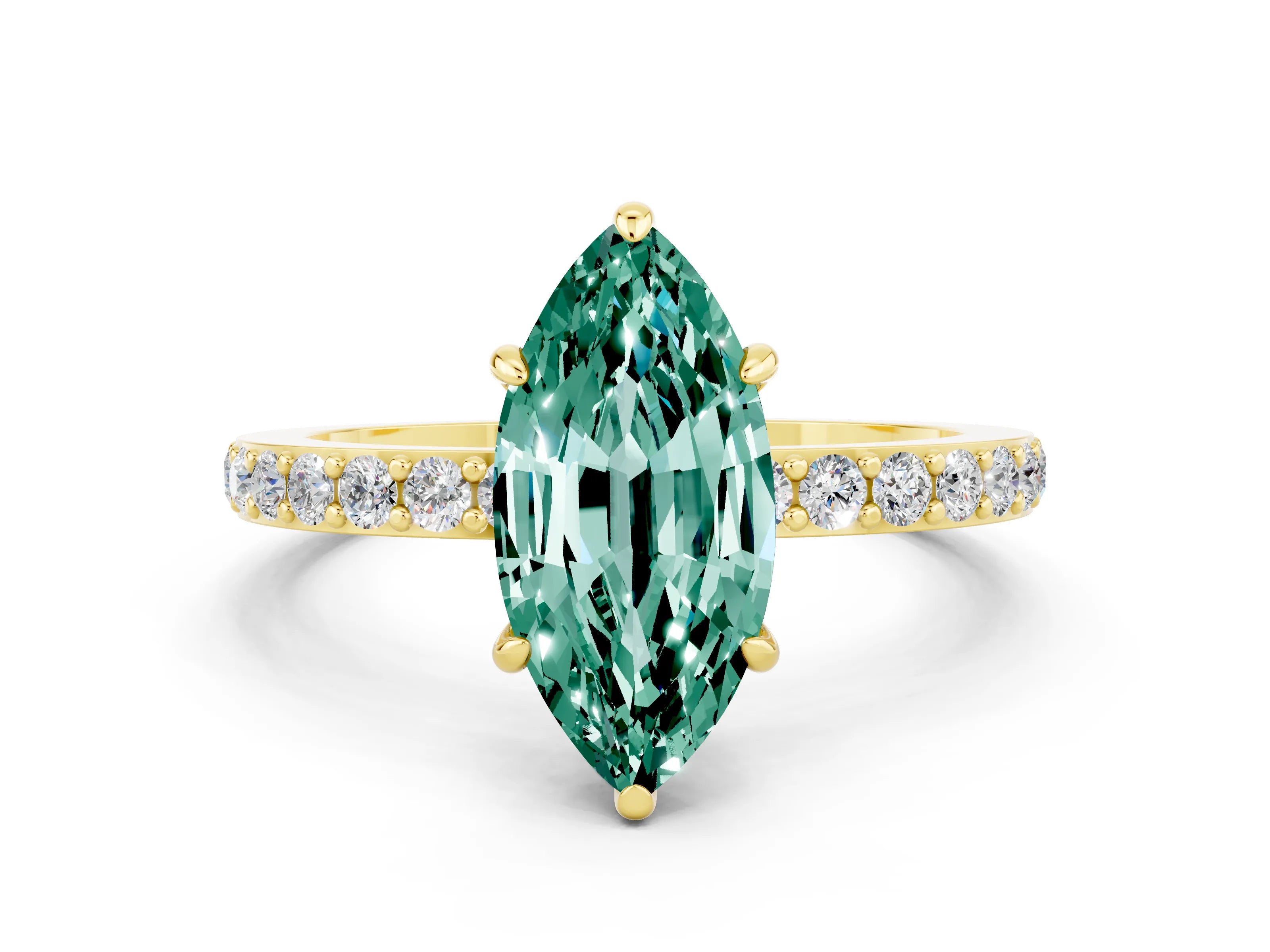 Yellow gold Marquise Cut Green Sapphire Ring with Pavé Band and Four-Prong Setting