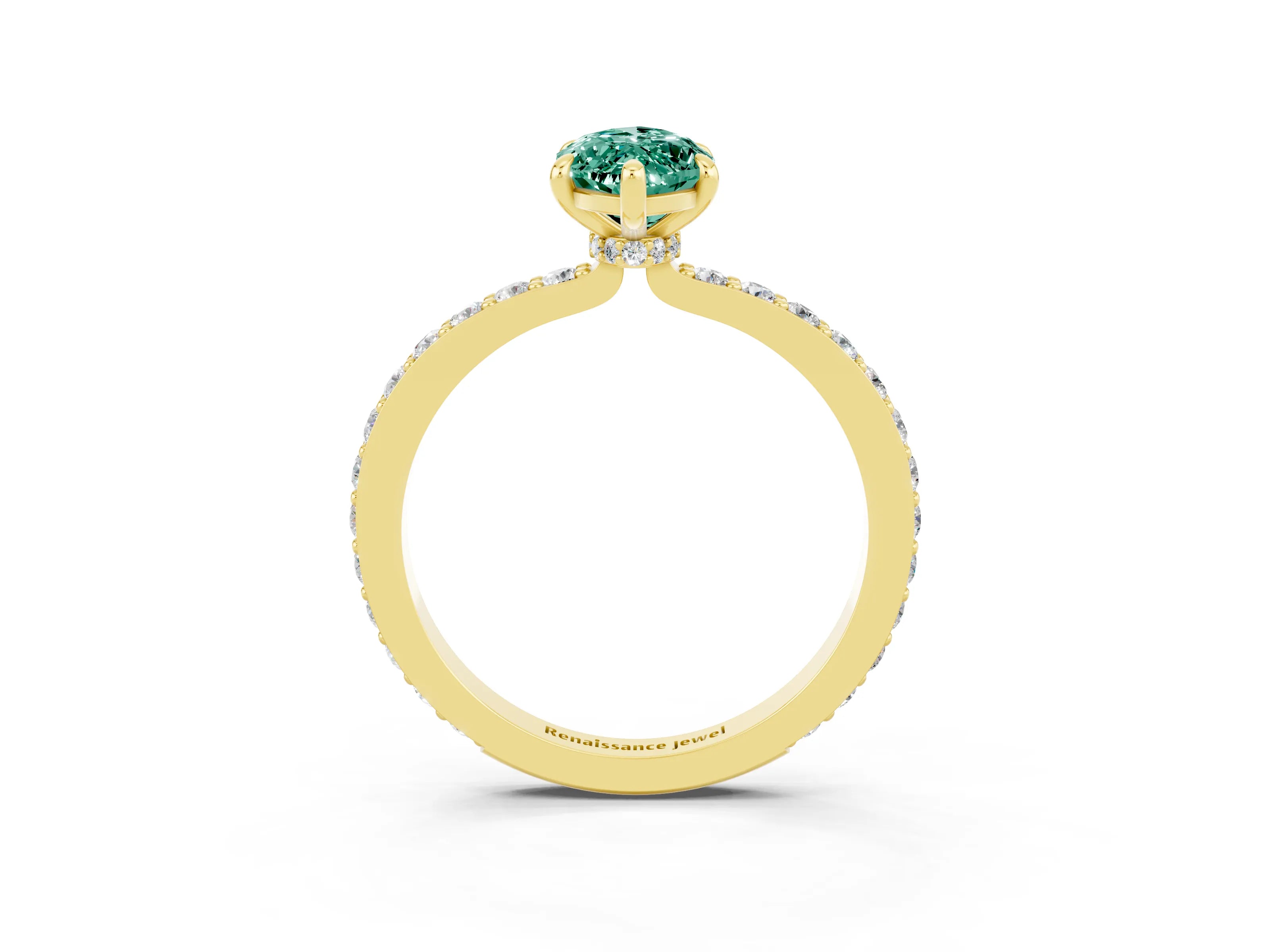 Yellow gold Marquise Cut Green Sapphire Ring with Pavé Band and Four-Prong Setting_3