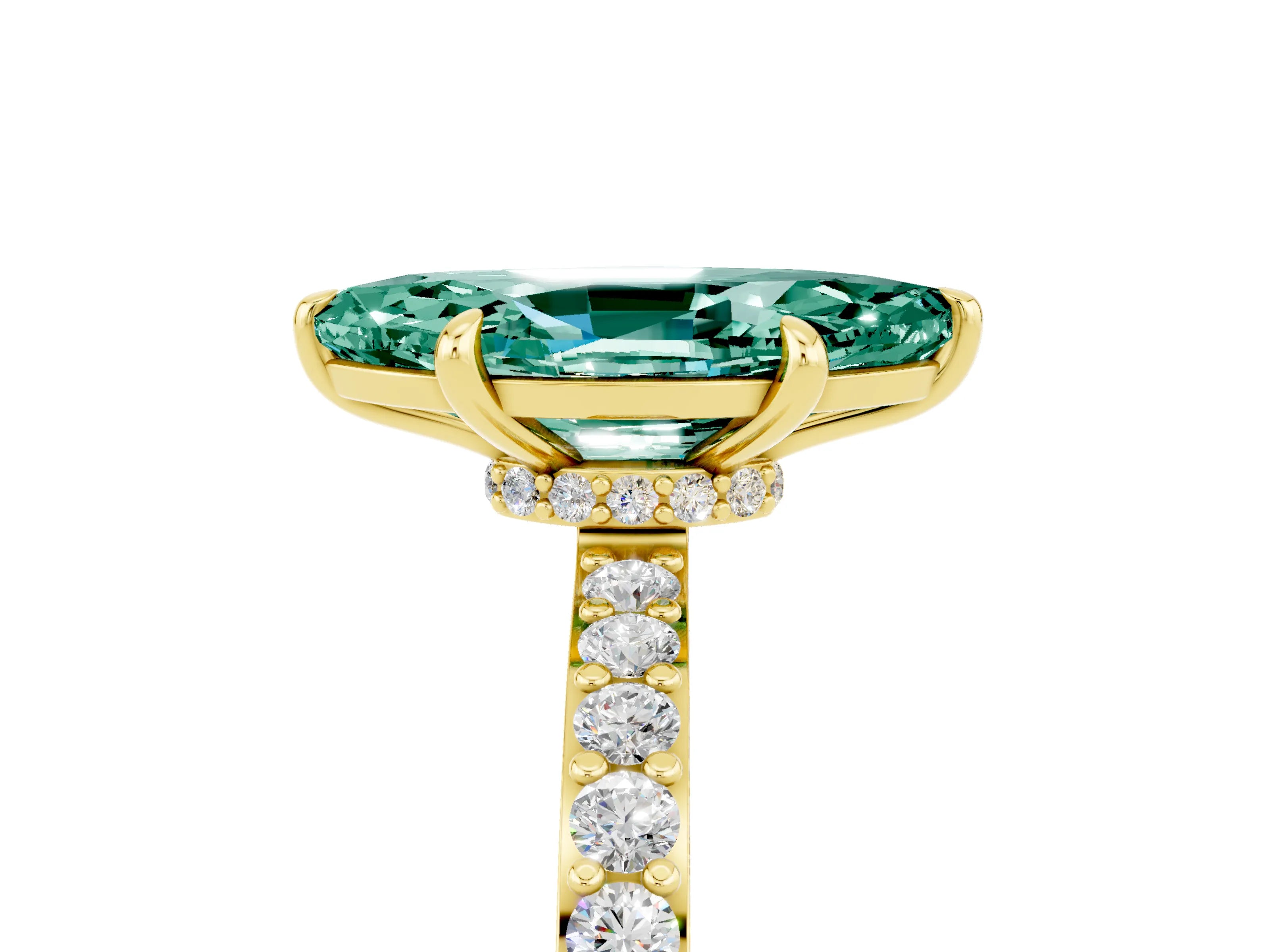 Yellow gold Marquise Cut Green Sapphire Ring with Pavé Band and Four-Prong Setting_5