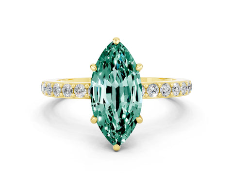 Yellow gold Marquise Cut Green Sapphire Ring with Pavé Band and Four-Prong Setting