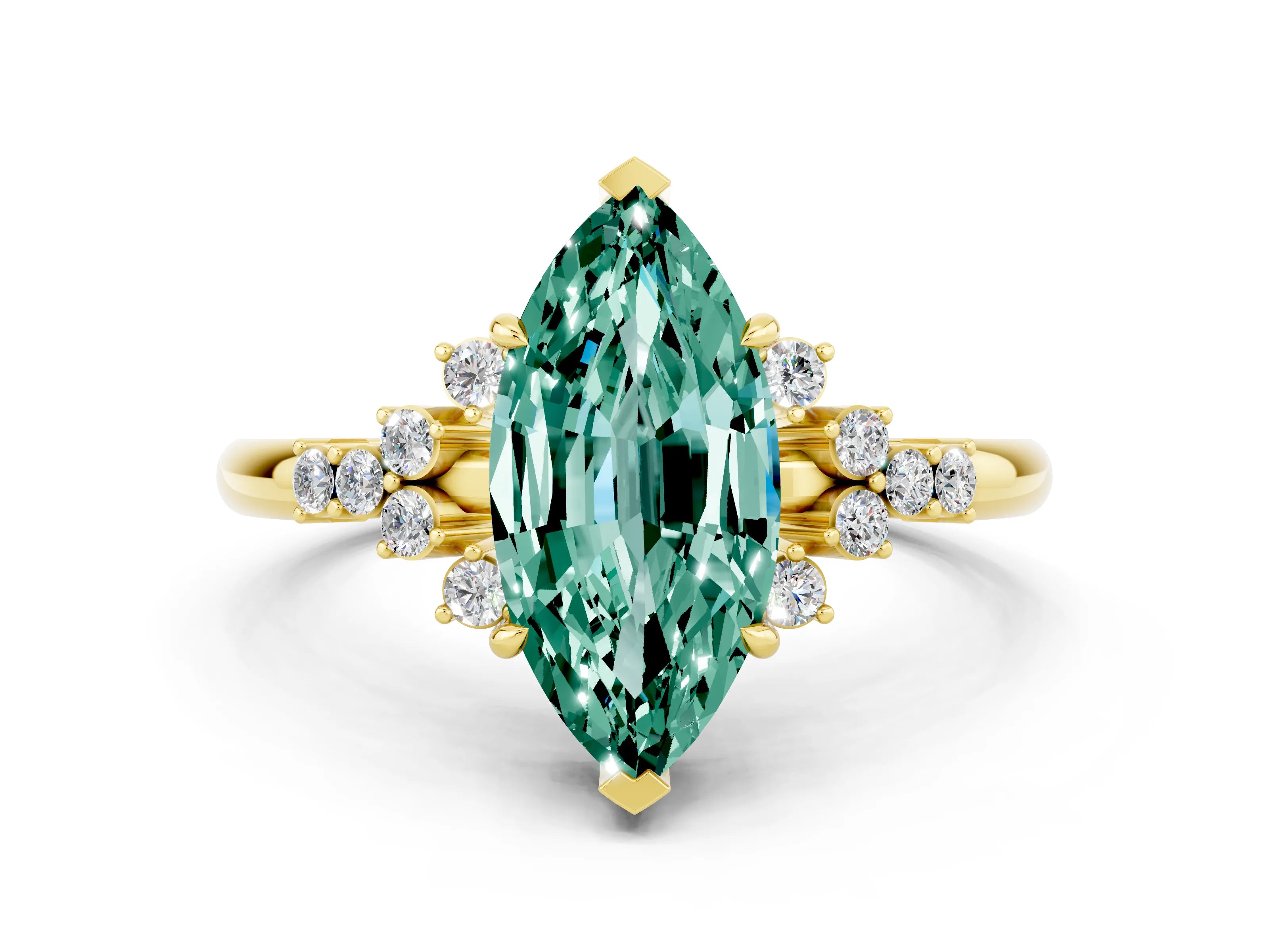 Yellow gold Marquise Cut Green Sapphire Ring with Side Stones and Four-Prong Setting_36