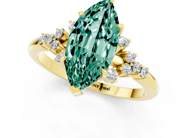 Yellow gold Marquise Cut Green Sapphire Ring with Side Stones and Four-Prong Setting