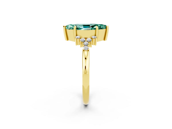 Yellow gold Marquise Cut Green Sapphire Ring with Side Stones and Four-Prong Setting